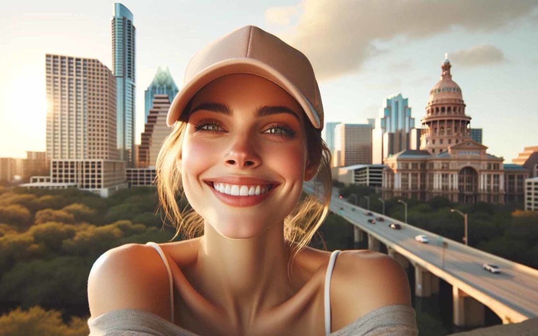AI generated image of happy person with the city of Austin in the background.
